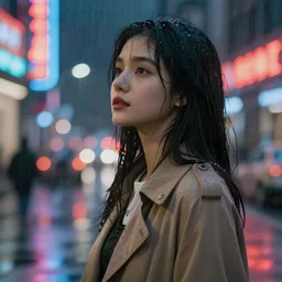 award winning portrait photo of a pretty young woman gazing into the distance longingly, she is in the rain at night surrounded by neon lights, realistic, bokeh, 5 0 mm, f 1. 8