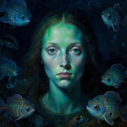 a close - up view, renaissance portrait of an alienunderwater surrounded by sea creatures. deep blue and green tones. night time. gloomy dark black background. highly detailed fantasy science fiction portrait painting by norman rockwell, moebius, frank frazetta, and syd mead. rich colors, high contrast. artstation