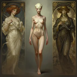 wide angle full body portrait of an alien female, a perfect face and perfect body, thin waist, intricate, single face, highly detailed, digital painting, artstation, concept art, smooth, sharp focus, illustration, Unreal Engine 5, 8K, art by artgerm and greg rutkowski and alphonse mucha and david cronenberg