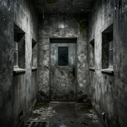 scary concrete prison cell, 4K, dark, horror, wet, moldy, futuristic,