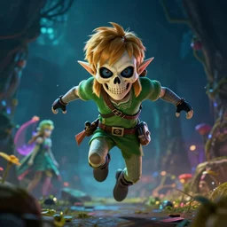 skull kid from majoras mask floating in the air while looking at the viewer maniacally, legend of zelda fairy in the background, dramatic lighting, cinematic, film, dynamic pose,  movie scene, colorful, dark art, concept art, 8K