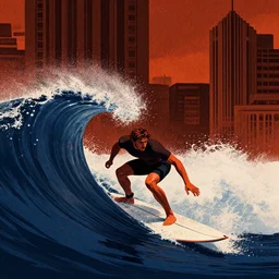 surfing wave, mads berg, karolis strautniekas, film noir, stippled light, dramatic lighting, editorial illustration, detailed, fine texture, matte print, art deco, brutalism, dark blue + dark orange, red, black, ( ( habitat 6 7 background ) )