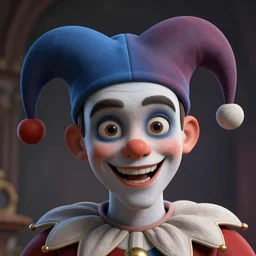 the happy jester smirking wearing tiny cap, lovecraft scene, detailed portrait, 3 d, intricate details, by vincent di fate, artgerm, smooth gradients, octane render, 8 k, volumetric lightning, high contrast, depth of field, coherent face