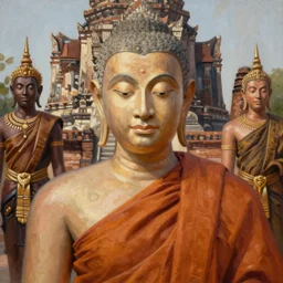 smart sri lanka buddhist monk, closeup portrait, lil pump!!, historical hero, ethnic group, tai costume, background is sukhothai temple, intricate, elegant, loin cloth, highly detailed, oil painting, artstation, concept art, matte, sharp focus, illustration, hearthstone, art by earl norem