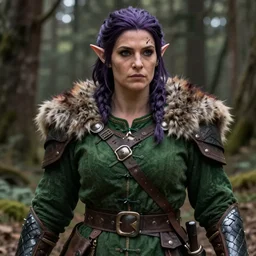 anya charlota as a medieval fantasy elf, dark purplish hair tucked behind ears, wearing a green tunic with a fur lined collar and brown leather armor, wide, muscular build, scar across nose, one black, scaled arm, cinematic, character art, digital art, forest background, realistic. 8 k, 3 d render.