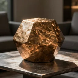 octahedron shaped bronze sitting on a coffee table