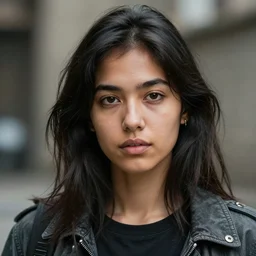 photographic portrait of a poor techwear mixed woman, closeup, sigma 85mm f/1.4, 4k, depth of field, high resolution, 4k, 8k, hd, full color