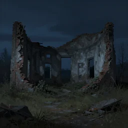 an abandoned ruin site, night, digital painting