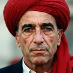 portrait of jeffrey epstein as afghan man, green eyes and red turban looking intently, photograph by steve mccurry