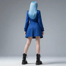 low - angle shot from behind of a girl with light blue straight hair in a blue tailcoat, combat boots, noir, sharp focus, intricate, illustration, cell shaded, color block, digital painting, highly detailed, art by greg rutkowski, studio quality, makoto shinkai, james jean
