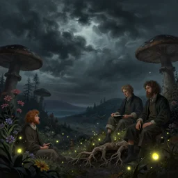 a beautiful digital illustration painting of a detailed foreboding skies fantasy fireflies and roots, dark mushroom, flowers by roger dean, caspar david friedrich, and david rios ferreira, 8 k resolution trending on artstation concept art digital illustration