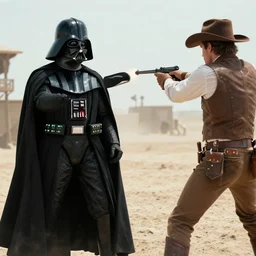 film still of Darth Vader as William the man in black in Westworld shooting cowboys, 4k