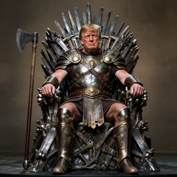 donald trump as king conan, directed by john millius, photorealistic, sitting on a metal throne, wearing ancient cimmerian armor, a battle axe to his side, he has a beard and graying hair, cinematic photoshoot in the style of annie leibovitz, studio lighting