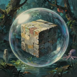 hyperrealist painting of a cube inside a giant transparent bubble from howl's moving castle ( 2 0 0 4 ) in a flooded monument valley stonehenge jungle. octopus. moody, misty, depth perception.