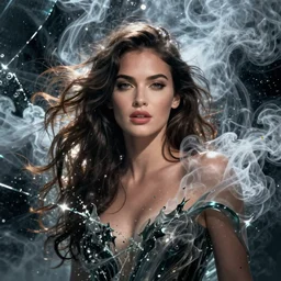 megan fox in a chaotic storm of twisting liquid smoke portrait, by tom whalen, liam brazier, peter mohrbacher, artgerm, shattered glass, bubbly underwater scenery, radiant light