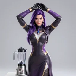 Widowmaker from overwatch with hands above her head, wearing a long dress, blender, hyper realistic, 4k, 8k, digital art, detailed
