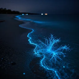 bioluminescent ocean with pristine beach by night, greg rutkowski, 8 k, shallow depth of field, intricate detail, concept art,