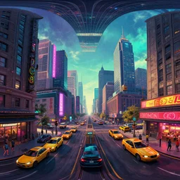 streetview equirectangular 360 photo of cyberpunk metropolis, colorful, by Andy Thomas, Mario Martinez, Daniel Mirante, Gustave Dore, Artstation, CGsociety, masterpiece
