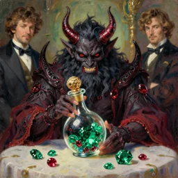 evil genie, bottle, rubies, emeralds, table, greg rutkowski, john singer sargent, anime, trending on artstation, oil painting, intricate