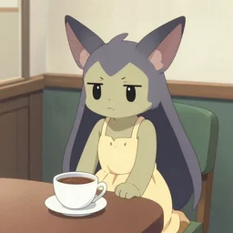 umbreon wearing a sundress sitting at a table with cup of coffee by trigaroo