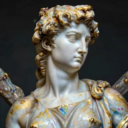 symmetrical close - up woman portrait shiny colourful polished marble intricate statue by michelangelo buonarroti and by gian lorenzo bernini, covered in color paint splashes, partially gold plated, ultra - detailed flash studio photograph, liquid fractals