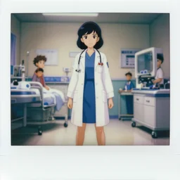 a polaroid full body portrait of a very confident 1 9 5 0's disney doctor girl, finely detailed features, perfect art, in the hospital, gapmoe yandere grimdark, trending on pixiv fanbox, painted by greg rutkowski makoto shinkai takashi takeuchi studio ghibli, akihiko yoshida, pixar 3 d render