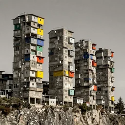high towers made up of concrete makeshift squatter shacks with bright colours, suspended over a cliff, mamiya, uniform plain sky, fine details, photographed by michael wolf