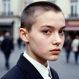 ektachrome, 3 5 mm, highly detailed : incredibly realistic, demure, perfect features, buzz cut, beautiful three point perspective extreme closeup 3 / 4 portrait photo in style of chiaroscuro style 1 9 7 0 s frontiers in flight suit cosplay paris seinen manga street photography vogue fashion edition