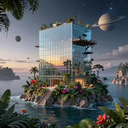 unfinished building by david hockney, made of glass retro san andreas forest at dawn wilderness flowers futuristic atlantis dramatic lighting at night cosmic saturn hyperrealism biopunk architecture island scumm bar junglepunk sea, archdaily, wallpaper, highly detailed, trending on artstation.