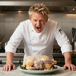 photograph of Gordon Ramsay yelling at a chicken for serving raw human