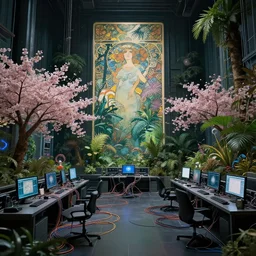 symmetric, cherry blossom and jungle plants, in a room full of neural networks and wires and computers, zoomed out, dark sci - fi, ai, 4 k realistic, artem demura. alphonse mucha