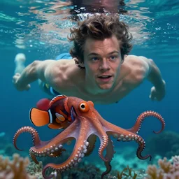film still of harry styles swimming with an octopus in the new finding nemo movie, 4 k