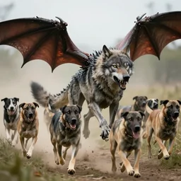 a wolf dragon hybrid being chased by a pack of large dogs
