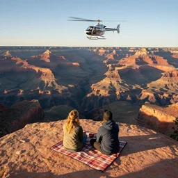 picnic at the bottom of the grand canyon, helicopter, golden hour, photography