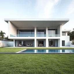 photograph, 2 story contemporary house, flat roof overhanging a grassy back yard, large windows, white walls, infinity pool, wide - shot
