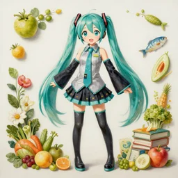 a painting of vocaloid hatusne miku by giuseppe arcimboldo made out fruits, vegetables, flowers, fish and books