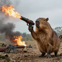 high resolution 4k Capybara with flamethrower, Vietnam, napalm, war, m16, capybara, vietnam war