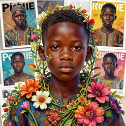 colourful vfx art - portrait of nigerian boy wrapped in flowers & vines, art by hsiao - ron cheng & james jean - presented as magazine collage, volumetric light, colourful, sharp, detailed, digital painting, illustration, illustration, highly detailed, intricate detail, unreal engine, octae render, pinterest, behance, art station,