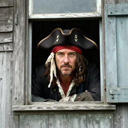 russell crowe wearing a too large silly pirate hat behind a dirty window and wooden wall staring out