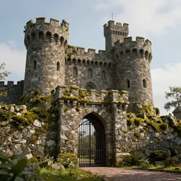 a beautiful realistic detailed castle carved in a stone, gate, surreal, surrounded by mold and moss, photorealistic, octane render, volumetric lighting, 8 k, cinematic lighting, hd