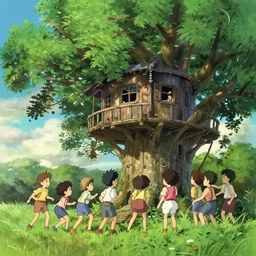 The battle for the treehouse, kids trying to take a treehouse from another group of kids, by Dice Tsutsumi, Makoto Shinkai, Studio Ghibli