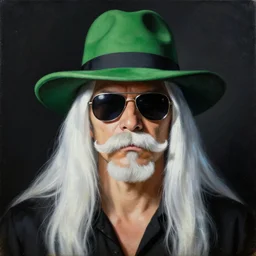 artist and actor kevin page. white beard and moustache. green hat. dark room. portrait. photorealistic. incredible. dramatic. surrealistic painting. 7 0 s photo. cool sunglasses. long white hair