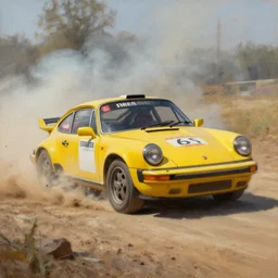 oil painting of old rally with a drifting yellow porsche, smoke, dirt