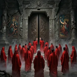 cult gathering people in red robes, opening of an sealed ancient door with intricate design leading to a the unknown, stone walls, dead vines, painting, high detailed, fantasy, particles, fog, creepy, tintoretto, beksinski, masanori warugai, wlop, wide shot