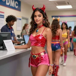 jj abrams movie still of young woman jessica alba as an edc rave devil girl in line at the dmv, octane render, anime, trending on artstation, unreal engine, volumetric lighting, concept art,