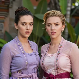portrait of lindsey pelas and scarlet johansson wearing kebaya in bali, by charlotte grimm, natural light, detailed face, beautiful features, symmetrical, canon eos c 3 0 0, ƒ 1. 8, 3 5 mm, 8 k, medium - format print, half body shot