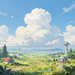 a positive awesome fantasy, sci - fi landscape, happy, sunny, daylight, midsummer clouds in the background, dramatic sky