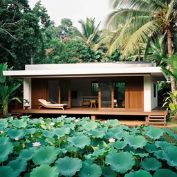a splendid tropical modernist bungalow designed by Geoffrey Bawa, near a lotus pond in a jungle in Goa, photographed by Harry Gruyaert, shot on large format film camera, beautiful lighting, trending on VSCO,