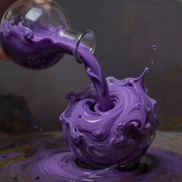 thick swirling purple liquid being poured out of a glass phial, high detail, realistic, oil painting