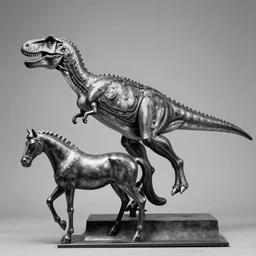 t rex and a horse with high heels, anamorphic, [ [ strange ] ], movement, metal, black and white, photograph, 1 8 5 0 s